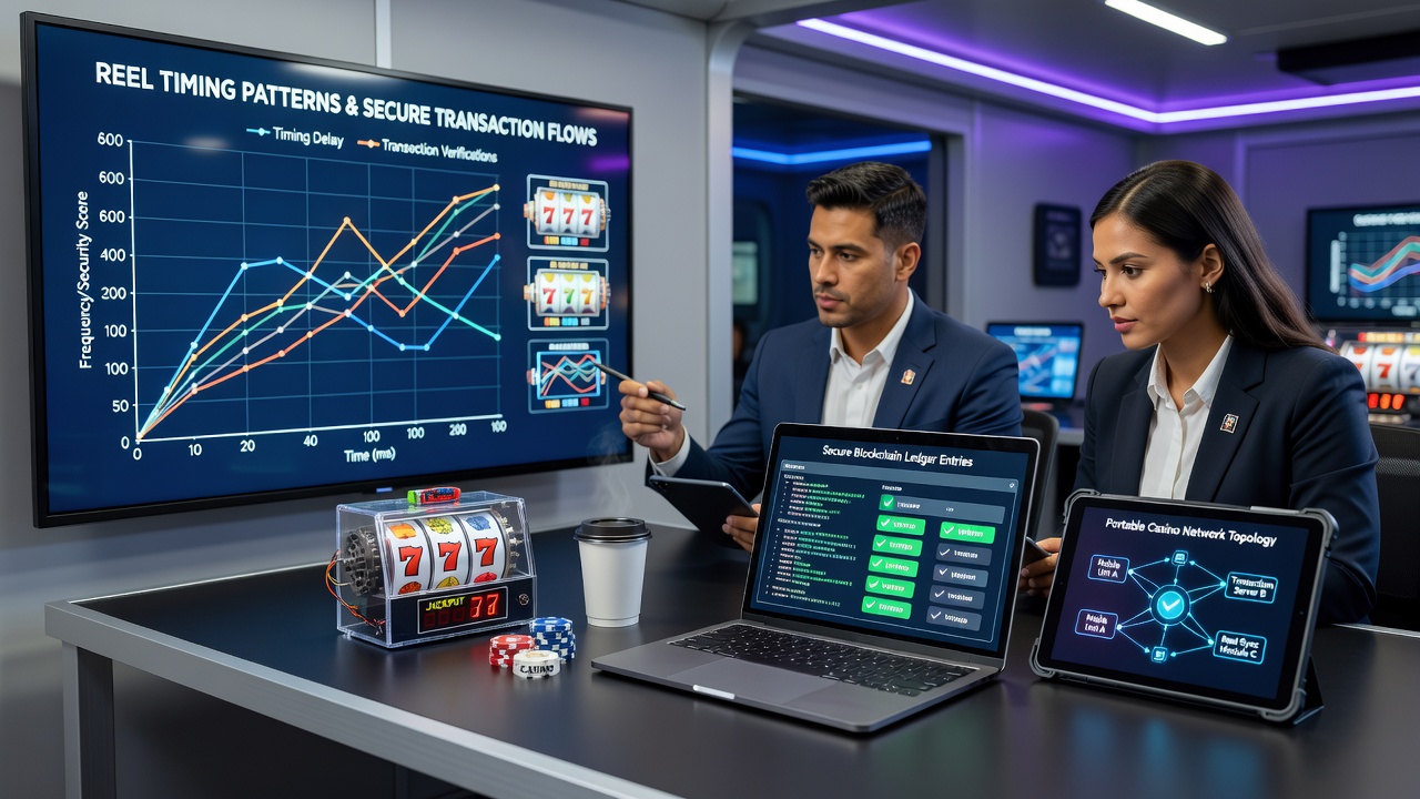 Secure transaction dashboard showing reel timing metrics linked to payment authorization flows on a tablet interface