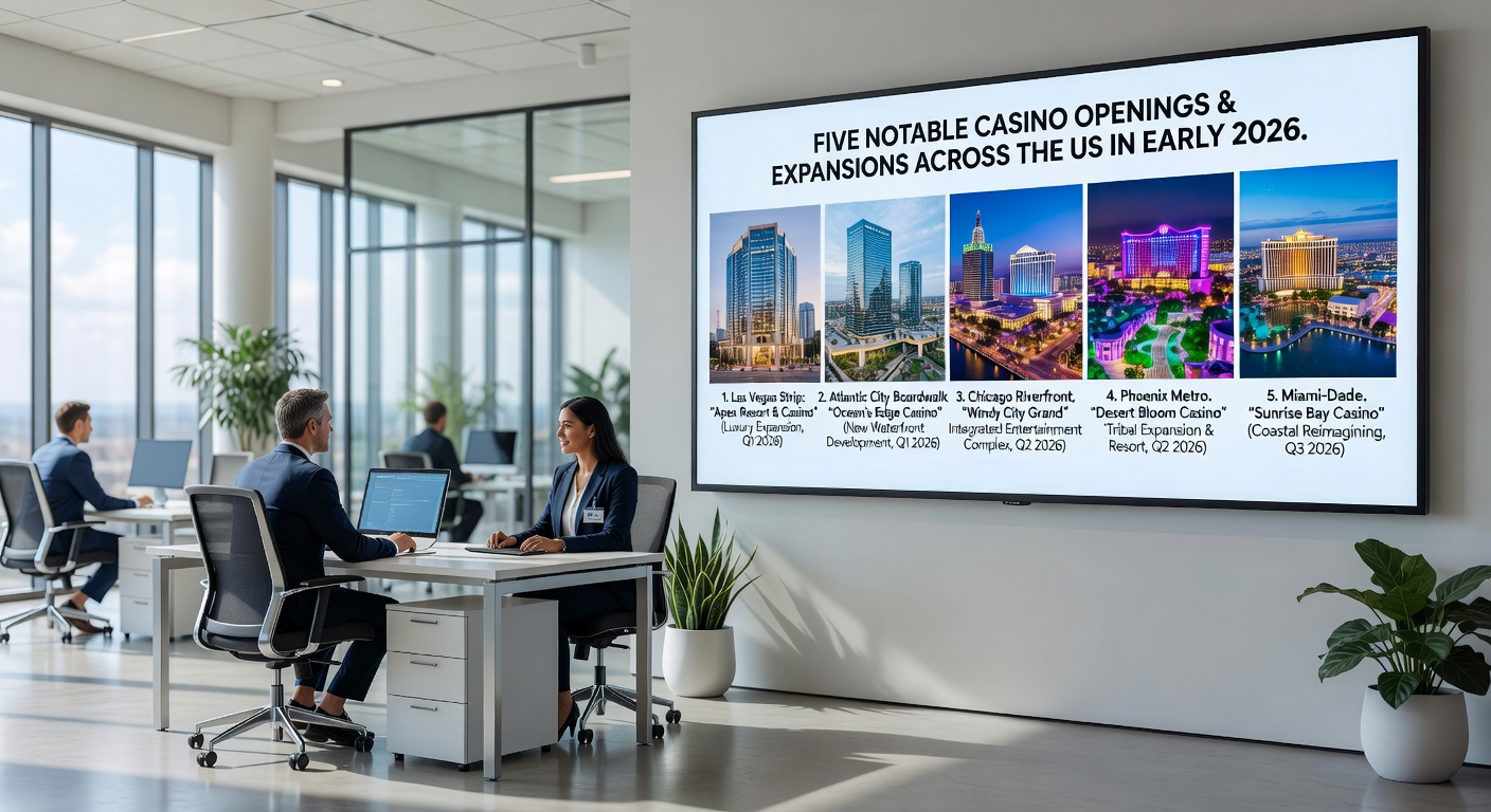 Interior shot of a lively casino floor with rows of slot machines flashing lights, patrons playing tables, and a central bar area buzzing with activity