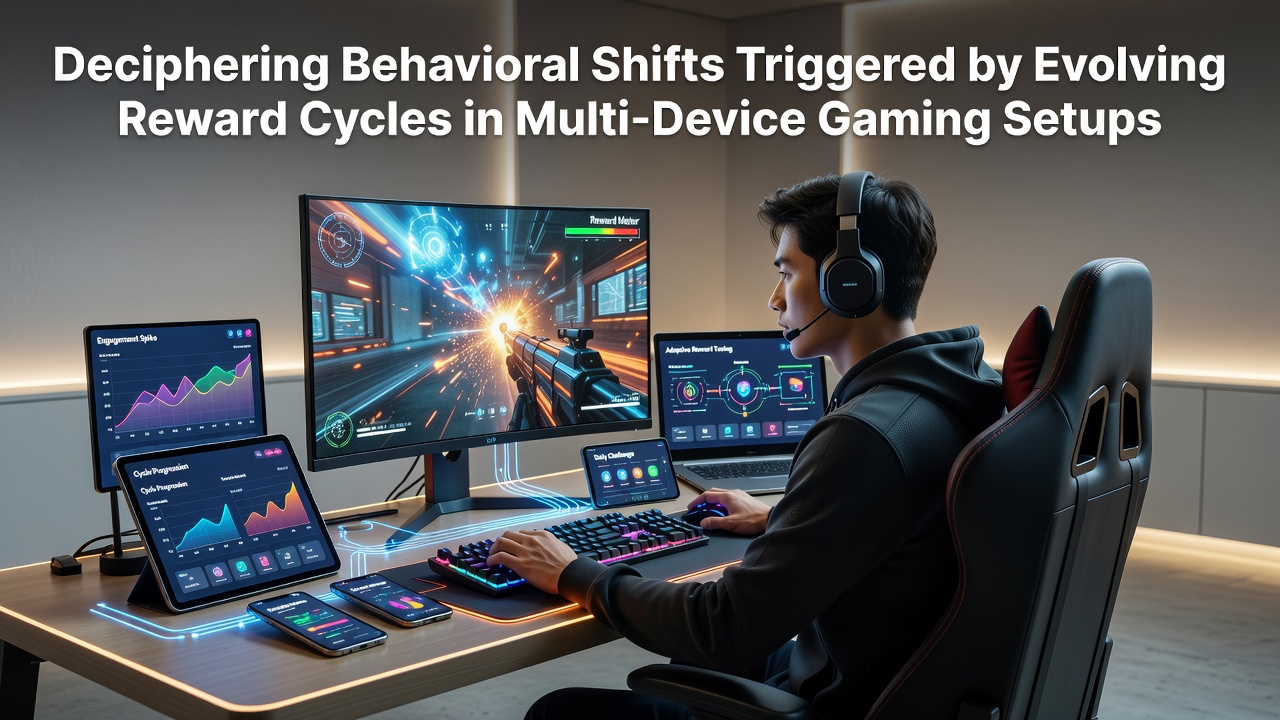 Multi-device gaming setup showing synchronized rewards across phone, tablet, and desktop screens