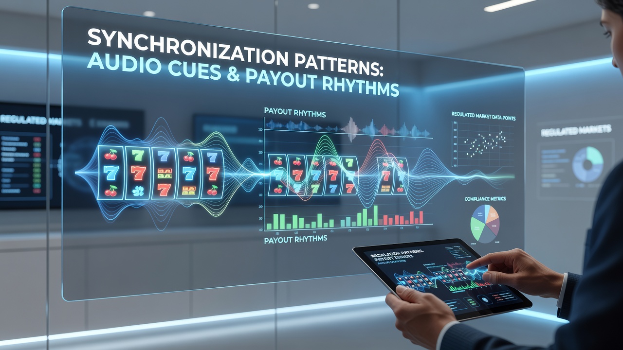 Digital slot interface displaying synchronized audio waveforms and payout indicators on a regulated platform