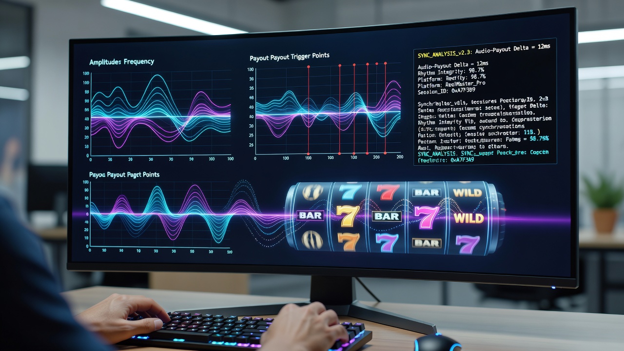 Close-up view of reel mechanics overlaid with audio timeline and payout frequency graphs from a regulated digital platform