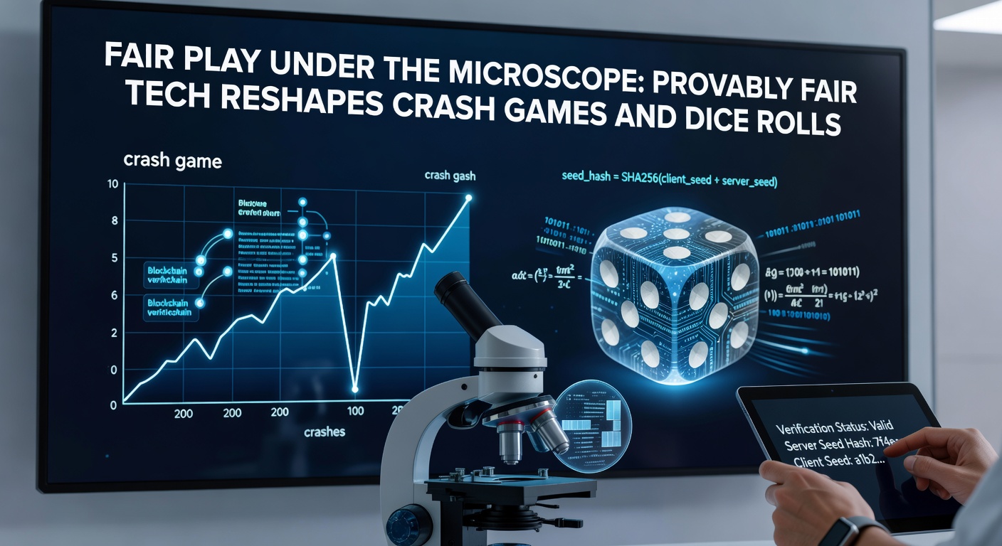 Close-up of dice roll simulation under provably fair verification, with seed hashes and outcome graphs displayed on a sleek interface