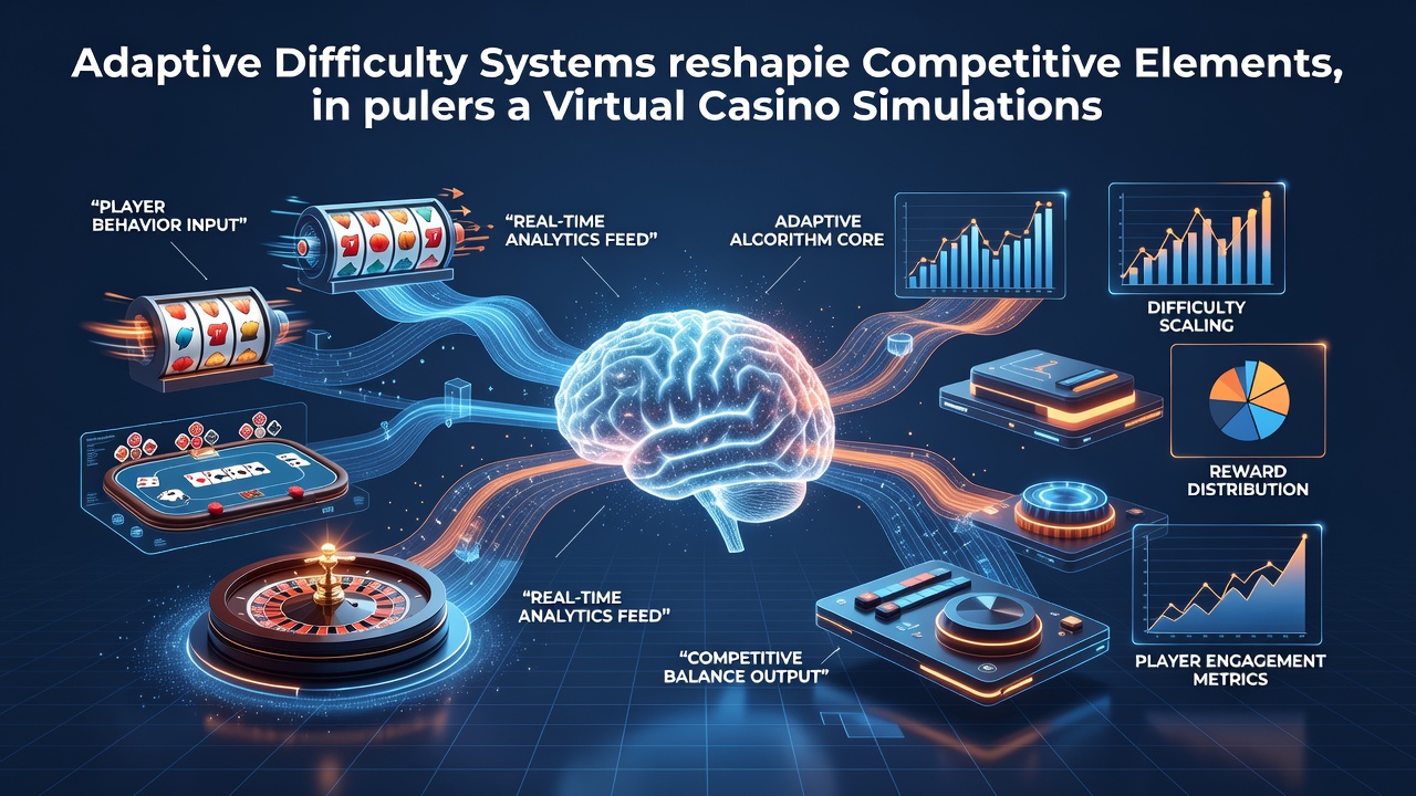 Diagram showing adaptive difficulty algorithms adjusting virtual opponent behavior in casino simulation environments